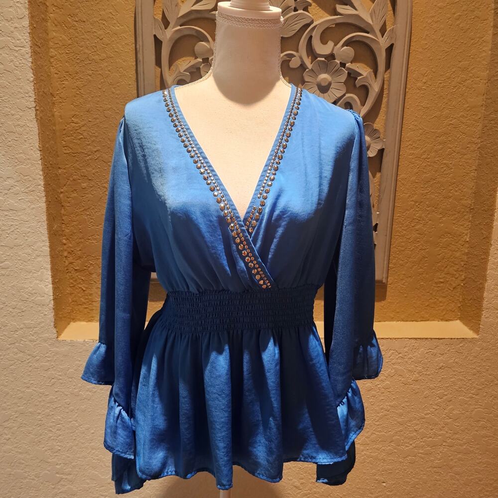 Venus M Gem Faux Wrap Peplum Top Boho Luxe Romantic Bell Sleeve Festival Western - Picture 2 of 9